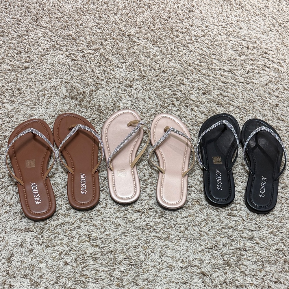 3 pairs of Women's Rhinestone Strap Flip Flop Sandals - Brown, Blush, Black